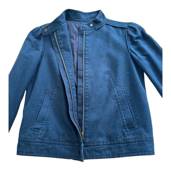Gap Moto Jacket Mock Neck Zip Up Long Sleeve Linen Blend Blue Womens Small - Picture 6 of 13
